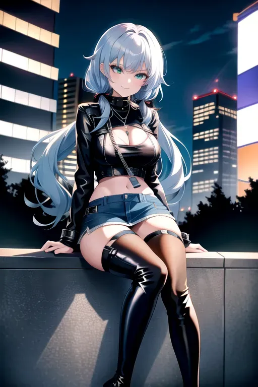 full body, blue hair, green eyes, short girl, denim miniskirt, black high heeled boots, looking at viewer, long hair, pale skin, silver necklace, black crop top, 24 years old, giant breasts, cute face, pov, wavy hair, city environment, Oklahoma City, wide eyes, erotic, skirt tug, leather jacket, nighttime, black backpack, slim body, low pigtails, sitting on wall, smiling, thigh high boots, cleavage
