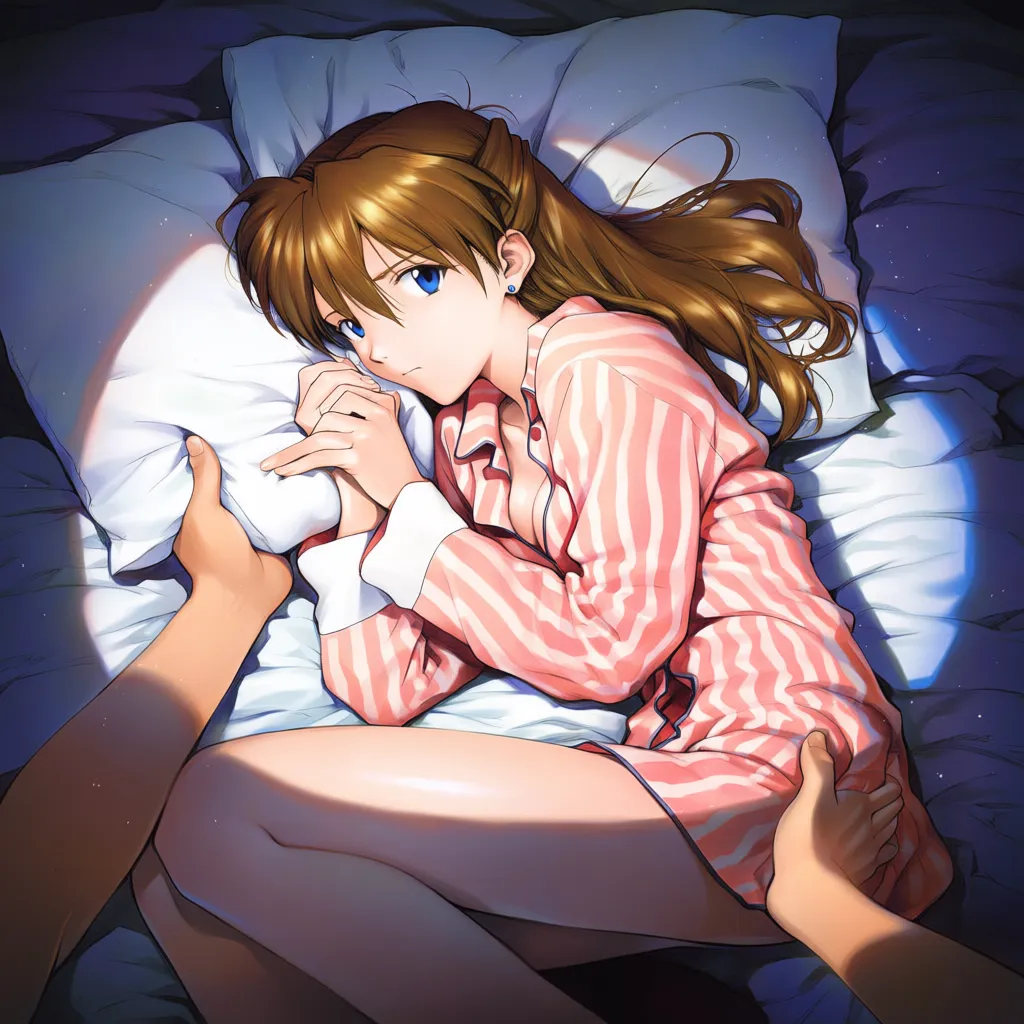 Source_anime,
Ultra-detailed,absurdres,light particles,light rays, reflected light, realistic,very aesthetic,masterpiece,best quality,score_9,score_8,score_7,newest,highres,year
1 girl,asuka(evangelion),brown hair,long hair,two side up, blue eyes,
Sagging medium breasts, wearing cute striped pajama, lying on her side, hair spread on the pillow,on a queen-size bed, pajama top unbuttoned, collarbone and chest partially visible, anatomically correct hands, five fingers on each hand,
feminine frame, adolescent body, puffy chest, flat stomach, muscles,
Dreamy look, cuddling pose, cuddling with viewer, very cute, emotional face,
POV, viewer lying on Asuka, her legs wrapped around man's waist, arms embracing the invisible transparent shadow of viewer