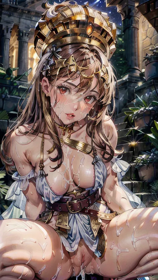 Best quality, high res, 1 adult woman, solo, (a breathtaking masterpiece of close up low angle shot from directly beneath of a fierce muscular female gladiator with golden eyes and long brown hair and gladiator helmet squatting with legs wide apart covered in cum on outdoor stone steps under starry night, straight brown hair), (golden sexy boob armour and belts:1.22), (long flowing white see through dress like greek philosopher with pussy exposed:1.1), nipples slipping outside of white dress, (perfect hands, perfect legs), (correct human anatomy, functionally nude and covered in cum, exposed shoulders), cowgirl pov showing perfect pussy squatting with legs spread wide apart, (extremely detailed gold narrow eyes:1.3), looking down at viewer, (extremely detailed face with fierce expression:1.35), (beautiful detailed lips moaning with joy:1.2), stunning dreamy atmosphere, beautiful colourful nighttime lighting, vivid colours, cinematic composition from directly beneath during night, soft artwork, (candid:1.1), (flat shading stylised art:1.27), <lora:dpmg_add_detail:1>, (physically-based ray tracing, photon mapping, photorealistic:1.2), (high resolution masterpiece, 4k, HDR, UHD:1.2), (roman empire architecture and starry sky background), 4k, HDR, UHD, wet pussy dripping with cum, <lora:realistic_pussy:0.4>, <lora:dpmg_pov_from_below:0.6>, <lora:dpmg_pov_cowgirl:0.6>, <lora:bukkake:1>, partially undressed, muscular woman