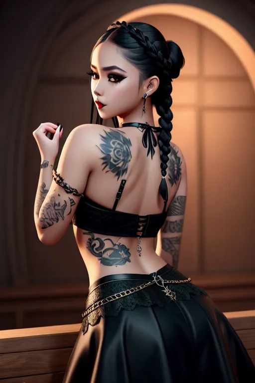 a digital art of,a philippine girl,wearing goth clothing,arched back pose,at the party,amazing breasts,five slender fingers,braids hair,charming face,beautiful lips,green eyes,curved eyebrows,curved eyelid,peaceful,tattoo,cgsociety,surreal,pixiv,8k,studio lighting