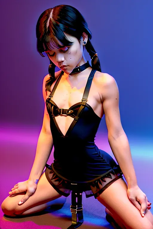 dpmg_jenna_ortega_v1 ((wearing skimpy lingerie nightdress)), ((skinny)), ((kneeling on all fours)), ((hands behind back, animal collar)), sad, blushing, embarrassed, ((small breasts)), (skinny), ((petit breasts)), full body, butt, collar, gag, sex slave, bdsm