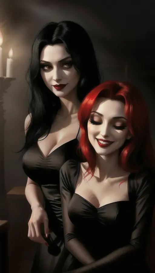 two figures in a dark and foggy goth club, an evil sexy sensual slightly taller dominant female black straight haired vampire woman with a wide toothy predatory smile, taking face of her victim in her hands gazing dominantly into her eyes hypnotizing innocent, light reddish-auburn gentle wavy hair, good girl mid-twenties Anna of Arendelle, relaxed, lips parted, eyes half closed in a modest elegant soft green Nordic ballgown.