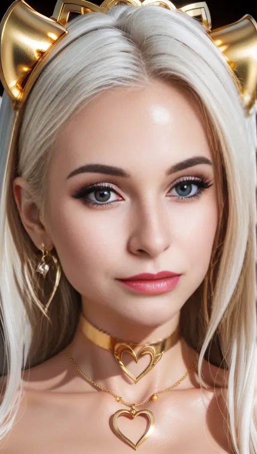 best quality, (((ultra high res))), (detailed face and eyes), hearts, perfect face, big choker, golden earrings, jewelry, ((eyes closeup)), glowing heart, golden heart necklace, big heart pasties, latex neck, white hair, covered by gold, golden skin