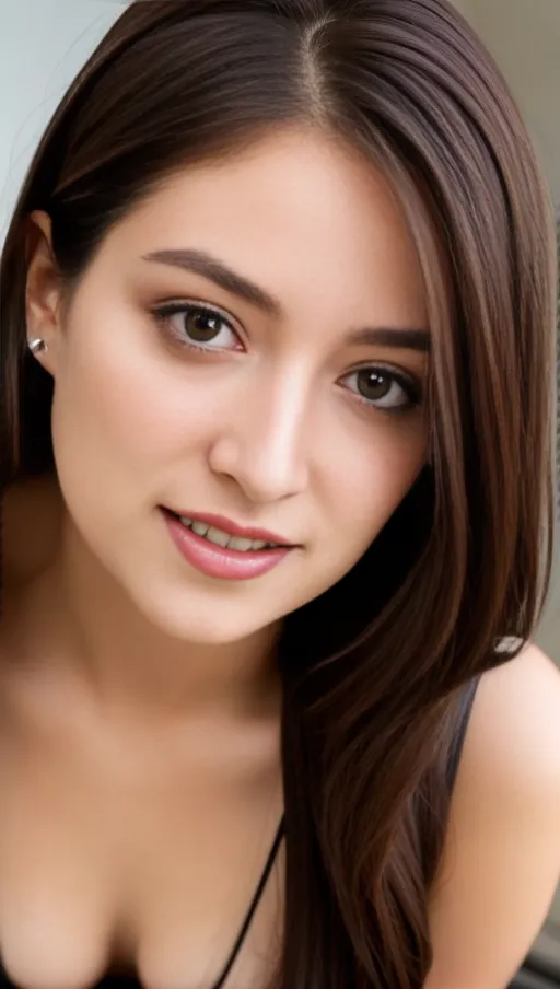 Photography of the face of an ultra beautiful skinny 20 yo female kneeling before the viewer, brown straight hair, perfect small natural breast, detailed facial features, detailed eyes, she open her mouth and show her tongue, pale skin, show her from above, closeup on her face