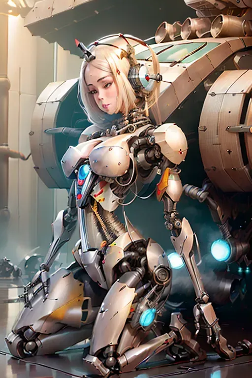 <lora:dpmg_mechanical_parts:1> (reelmech:1.5), pretty 1girl, platinum blonde hair, medium breasts, Battlefield background, naked nude, spreading legs, Pussy dripping, wet body