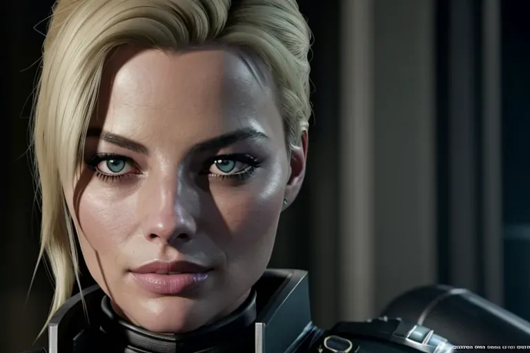 a concept art of,margot robbie, confident, in resident evil, in black tactical pants, black military armor, gun holsters, combat boots, five fingers per hand,blonde hair, ponytail,bangs,strong pose,charming face,beautiful lips, deep eyes,curved eyebrows,textured skin,cgsociety,8k,unreal engine,highly detailed,artstation, deviantart, cinematic, sharp image, centered, medium close up, 8k,studio lighting, head in frame, long neck, entire head in frame,hyper-realistic, scar over eye