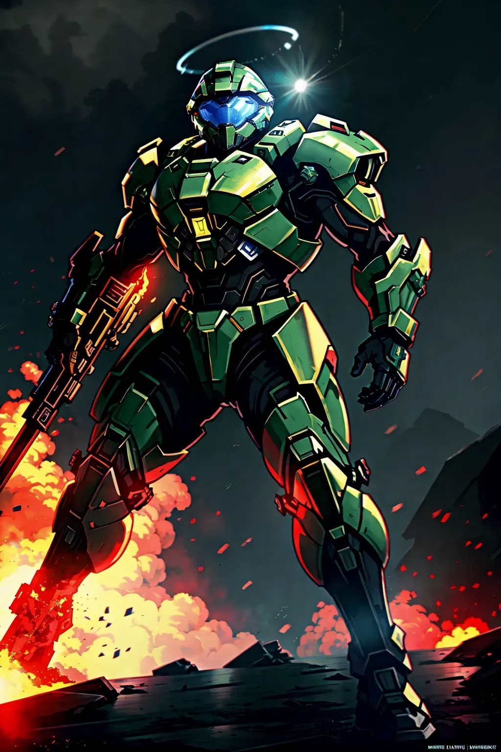 halo, spartan, helmet on, anime, male, 8k wallpaper, best quality, ultra hd, global lighting, hi-resolution, high quality, fighting, in a battlefield, explosions in the background