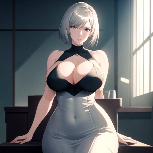 (Masterpiece), high quality, high detail, HDR, solo, 1_girl in a therapist office, wearing_suite, thicc_body, mature_woman, short_silver_hair, Makoto Shinkai, studio lighing,