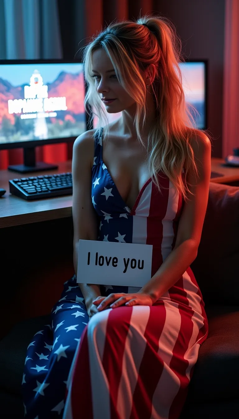48 year old, long wavy messy hair, realistic woman, realism, hyper-realistic,
wavy blonde hair, hair in ponytail, feminine figure,
medium droopy tits, cleavage, wearing an American flag inspired maxi dress, full body view, feminine legs, sitting sensually on a couch in front of a computer at a computer desk, one computer screen has 'DOPAMINEGIRL.COM' written on it and she holds a sign in her lap that reads 'I love you Tony', LED back lighting, sultry smile, moody and dramatic lighting,