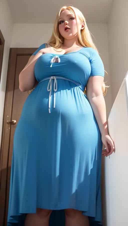 Huge tall chubby female, blond hair, blue dress, Big thick long penis lifting dress from below, solo, bedroom, standing, aggressiv,