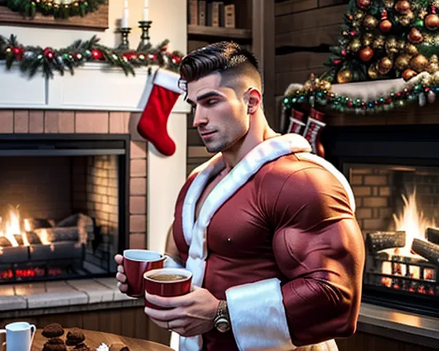 super fit athletic guy with big biceps in a santa outfit punching a cookie midair while drinking a gallon jug of milk with the other hand. standing in front of a christmas tree and fireplace. a plate of cookies are siting on a coffee table, cookies fragments are going flying as he eats. the christmas tree is covered in ornaments and colored lights. there is a mantle above the fireplace with wreaths, (cookie flying past his face in all directions), real life, photorealistic, photo,
