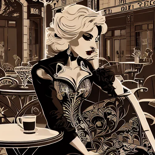 tarot card style image (((silhouette))), linoleum cut of a beautiful skinny (((flat chest))) 20 year old woman sitting on vintage chair on a cafe terrace in Paris, holding in front of her a small classic cup of espresso coffee, small chest, small hips (((silhouette of full female figure))), tarot card style, poster, perfect face anatomy, detailed female body anatomy, dressed in pvc corset and black pvc high heel over knee stiletto boots (((full body visible))), 8K, infographic, shematic, diagram, Gta San Andreas style, black color palette, bizarre art nouveau style, high heels fully visible, perfecly overknee placed leg, perfect details and anatomy of legs and shoes