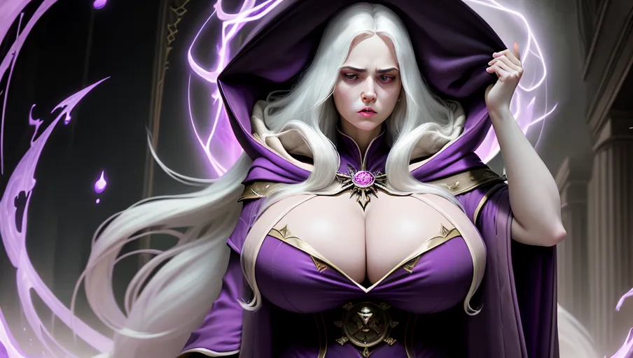 masterpiece, best quality, splashart, cinematic lighting, stylized, grim aesthetic, tarot style, pulp comic style, artstation, portrait, mature, adult, woman, hyper super massive busty tits, super massive hips, super massive legs, pale skin, very long white hair, sorceress, wearing loose purple wizard robe, wearing a purple hood, stoic expression, plump pink lips
