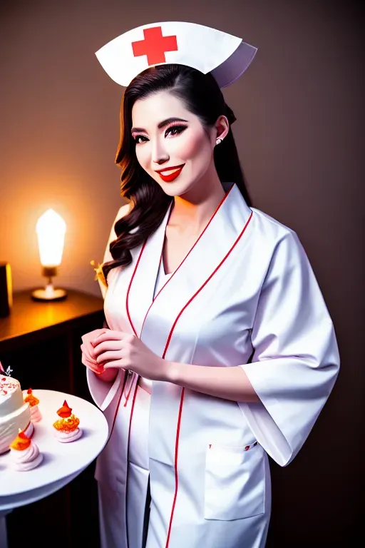 photograph, 20 year old, a nurse, insanely beautiful, kimono, white, birthday party, night, spot light, happy, 8k, professional