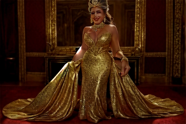 full body portrait. A beautiful smiling princess with a generous figure. wearing an alluring and revealing royal outfit adorned with jewels that shimmers with gold.