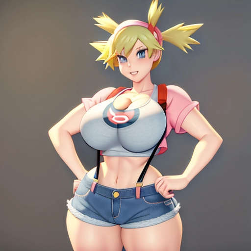 ((Pokemon Misty)). Red Suspenders. ((yellow crop top.)) Tiny jean shorts. ((Blonde hair pigtails)). Pink outfit. Sexy. Cleavage. Curvy. Big tits. Huge breasts. Massive hips. Thick thighs. (((Bimbo))).
<lora:dpmg_better_bodies:0.1>,
Best quality. 8k. Masterpiece.