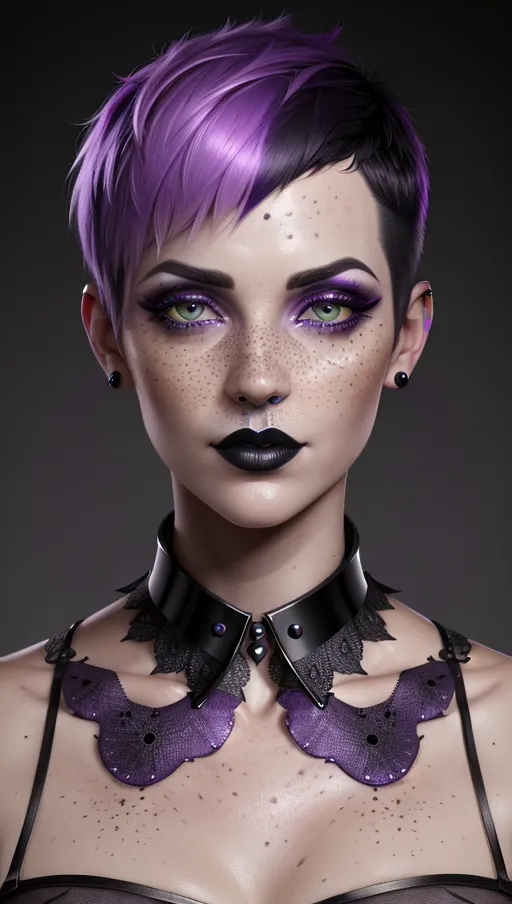 photorealistic, 8k, accurate face, (((detailed face))), (((replicate inspiration face))), freckles, black lipstick, short pixie hair, collar, purple hair,