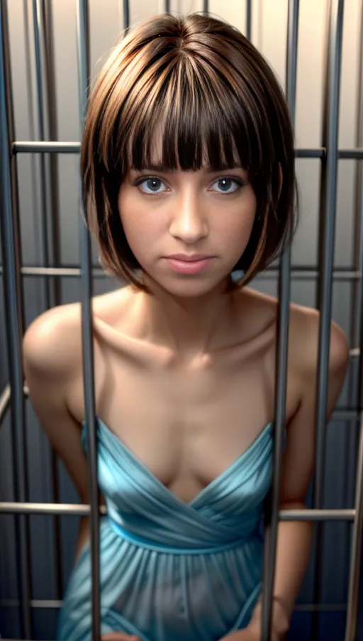 <lora:dpmg_add_detail:1>, solo, sexy naked girl , (barely legal), in a cage, sky blue eyes, (short brown hair with bangs), fair skin, ((seductive eyes)), trapped in a cage, beautiful, sensual, enslaved