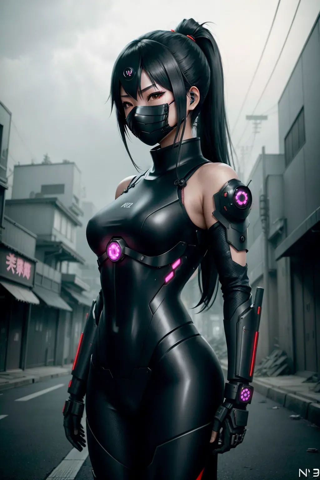 Pretty, Japanese female, in black dystopian cybernetic ninja attire, mask, on a desolate street, overcast, ruins, cinematic, 32k,--ar 9:16 --niji 5 --style expressive