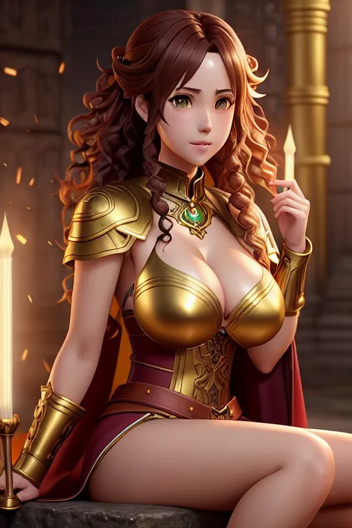 a digital painting of,asuna yuuki,wearing wizard clothes,sitting,in a temple,big breasts,five fingers per hand,curly hair,charming face,beautiful lips,green eyes,curved eyebrows,curved eyelid,textured skin,wearing golden ring,unreal engine,highly detailed,cgsociety,professional,smooth