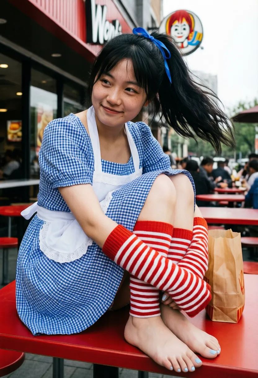 An extremely ordinary iPhone photo taken from a low angle, with no clear subject or composition, looking like a careless snapshot. The overall effect is very mediocre, as if it were an accidental photo.
This is a 22-year-old Chinese girl with striking black hair styled in a beautiful ponytail that moves slightly as she moves, tied with a bright blue ribbon. Her fair skin is dotted with light freckles on her cheeks, adding to her fresh, youthful charm. Her smile is gentle and sincere, lighting up her face with a quiet warmth. Her eyes are round and expressive, sparkling with a hint of mischief and kindness. She wears a blue-and-white gingham checkered dress with short, puffy sleeves and a low square neckline, paired with a white apron that has a lace trim tied over it. She accessorizes with red-and-white striped arm warmers and matching thigh-high stockings, adding a playful, whimsical touch to her look. Her overall presence is vibrant, yet naturally graceful, nostalgic yet lively.
She sits on top of a red table at an outdoor seating area of a fast-food restaurant, with the Wendy's sign visible beside the building. She leans slightly, knees bent, hugging her legs. She is barefoot, with pale blue-painted nails resting on the bench seat. A fast food bag sits next to her on the table.