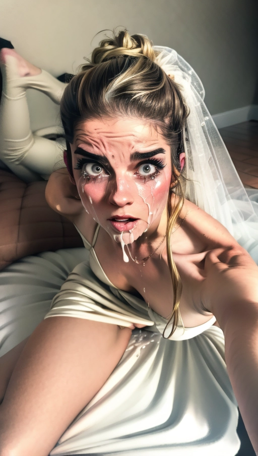 <lora:KpxWkLqox25_AnnieMurphy:1>, (Hypnotized), (photo realistic:1.37), (modern artwork), 1female, (perky tits, fit, athletic), glistening skin, pale skin, ((extremely messy hair)), ((shocked confused expression on face, eyes open)), (dark lighting), (((wearing a torn up white wedding dress))), spread eagle, tits out, arched back, ((looking right at the camera)), getting her hair pulled, (((showing her face to viewer))), ( crying tears, sobbing), ((half way undressed, exposing breasts)), (((on her knees bent over))), <lora:headpat:1>, worst day of her life, (((laying down on her side with one leg up in the air exposing her wet pussy))), laying on a bed, on her back, ((rolling on to her side)), getting fucked, <lora:dpmg_imminent_fuck:1>,
((Face covered in cum)), ((dress ripped and torn)), messy hair, ((cum dripping out of her mouth)), (labeled a cum slut), dress pulled up,
(best quality), <lora:dpmg_add_detail:0.5>, beautiful,(high resolution), (((masterpiece))), (uhd), (8k), (sharp focus)