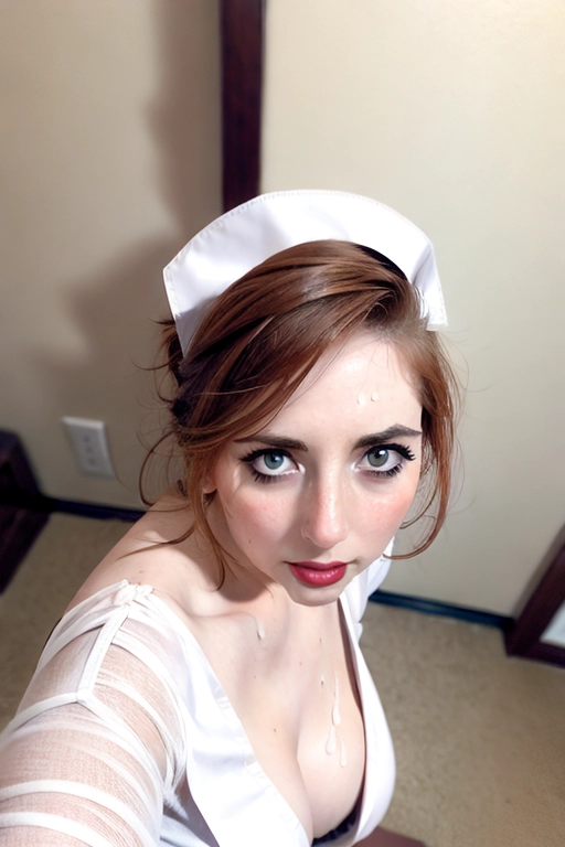 (Hypnotized), (photo realistic:1.37), <lora:PN7xrGpnVMg_Caitlin:0.9>, (magazine photoshoot), (female, pinup_girl, 1940s nurse), glistening skin, fair skin, pale skin, (auburn hair, messy hair), (small breasts:1.3), (noir, nighttime), (dark lighting, creepy), ((wearing a white 1940s nurse outfit, breasts exposed)), (looking directly at the viewer), ((she is on her knees, looking up)), ((top-down view)), ((cum on her face, cum on her tits, vile cum))
(best quality), <lora:dpmg_add_detail:0.5>, beautiful,(high resolution), (((masterpiece))), (uhd), (8k), (((real))),