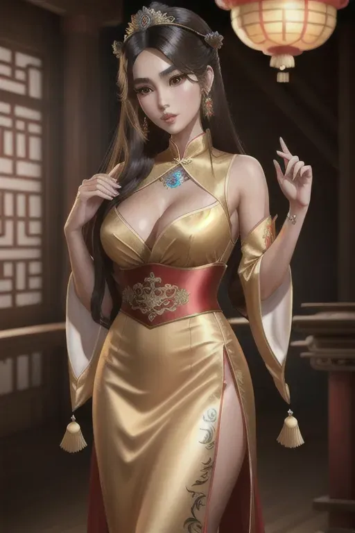 a digital royal princess,open front chinese costume,standing,in the royal mint,natural breasts,five slender fingers,silky hair,beautiful face,beautiful lips,brown eyes,curved eyebrows,smooth skin,tattoo,unreal engine,ultra realistic,pixiv,sharp focus,bokeh