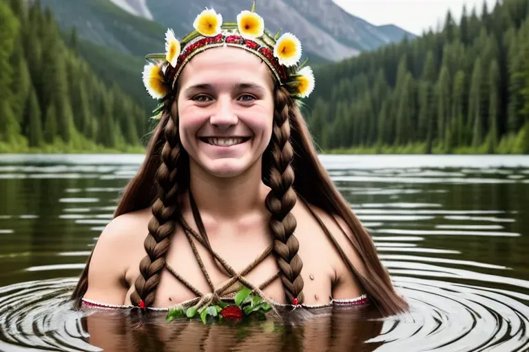 A realistic naked smiling Slavic girl in a lake with long brown braided hair large breasts and a traditional Slavic floral headdress