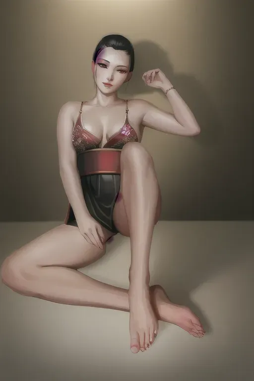 1girl , feudal japan , edo period , night , japanese , highres , short hair, dark hair, black hair, green eyes , almond shaped eyes , thin lips , parted lips, solo, ((masterpiece)),photo referenced::5, pale skin, tenchu, kunoichi, professional, ultra high res, kuugire, stealth, soft feminine facial features, button nose, 25 years old, seductive look, arrogant look, sinister look, detailed face, detailed eyes, dark kimono, feet, foot, toes, toe