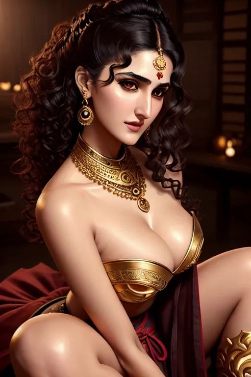a illustration of,vaani kapoor,wearing samurai clothes,sitting on bent knees,amazing breasts,five fingers per hand,curly hair,gorgeous face,beautiful lips,detailed large eyes,curved eyebrows,curved eyelid,pale skin,cosy,wearing golden ring,editorial,unreal engine,studio lighting,pixiv,smooth