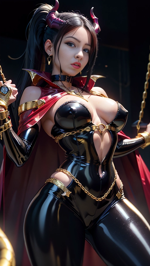 best quality, (((ultra high res))), (detailed face and eyes), (succubus), hearts, perfect face, necklace, choker, golden earrings, jewelry, tail, gloves, snake, gold, (single ponytail), Victoria Justice, black hair, long ponytail, hourglass body, snake coiling, pov from below, ((golden latex)), golden snake, ((handcuffs)), handcuffed, ((((chained)))), (tied up), chains, chain, (((golden symbiote suit))), ((((symbiote girl)))), (((succubus symbiote))), ((burgundy cape)), (((succubus wings)))