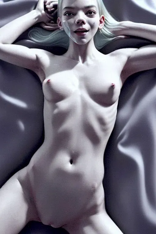 a highly detailed photo of, dpmg_anya_taylor_joy_v1,((accurate face)), ((laying down flat on stomach)), (((camera takes a photo face and body))), (((body in frame))), ((detailed facial features)), small breasts, ((detailed genitalia)), ((flat breast))