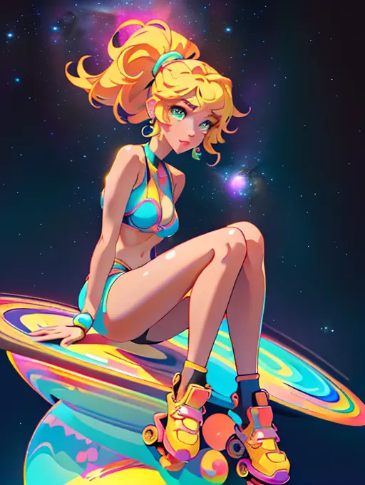 (8k), 4k image, ((masterpiece)), (HD photo), best quality, 1girl, unreal engine, (woman sitting on top of planet saturn), sitting on large colorful planet, wearing a bikini, wearing roller skates, kawaii, black and bright vivid colors, outer space background, stars in background, dpmg_barbara_palvin_v1, blonde ponytail, perfect curves, cute pose,