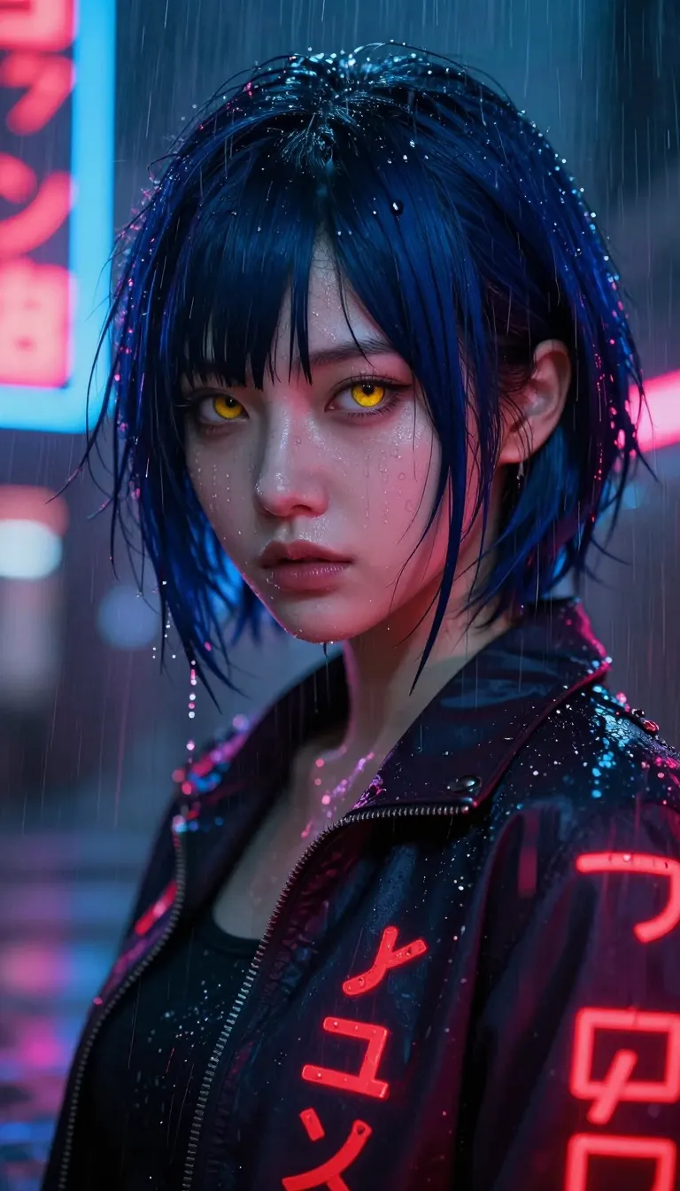 This is a digital art image in a cyberpunk style. It features a close-up of an Asian woman with short, dark blue hair and striking golden-yellow eyes. Her face is wet with rain, with water droplets glistening on her skin. She wears a dark jacket adorned with red neon Japanese characters. The background is blurred but shows vertical neon signs with Japanese text in red and blue. Red and pink rain streaks dominate the foreground, adding a sense of motion and intensity. Her expression is serious and slightly melancholic, enhancing the overall moody and atmospheric feel of the image.