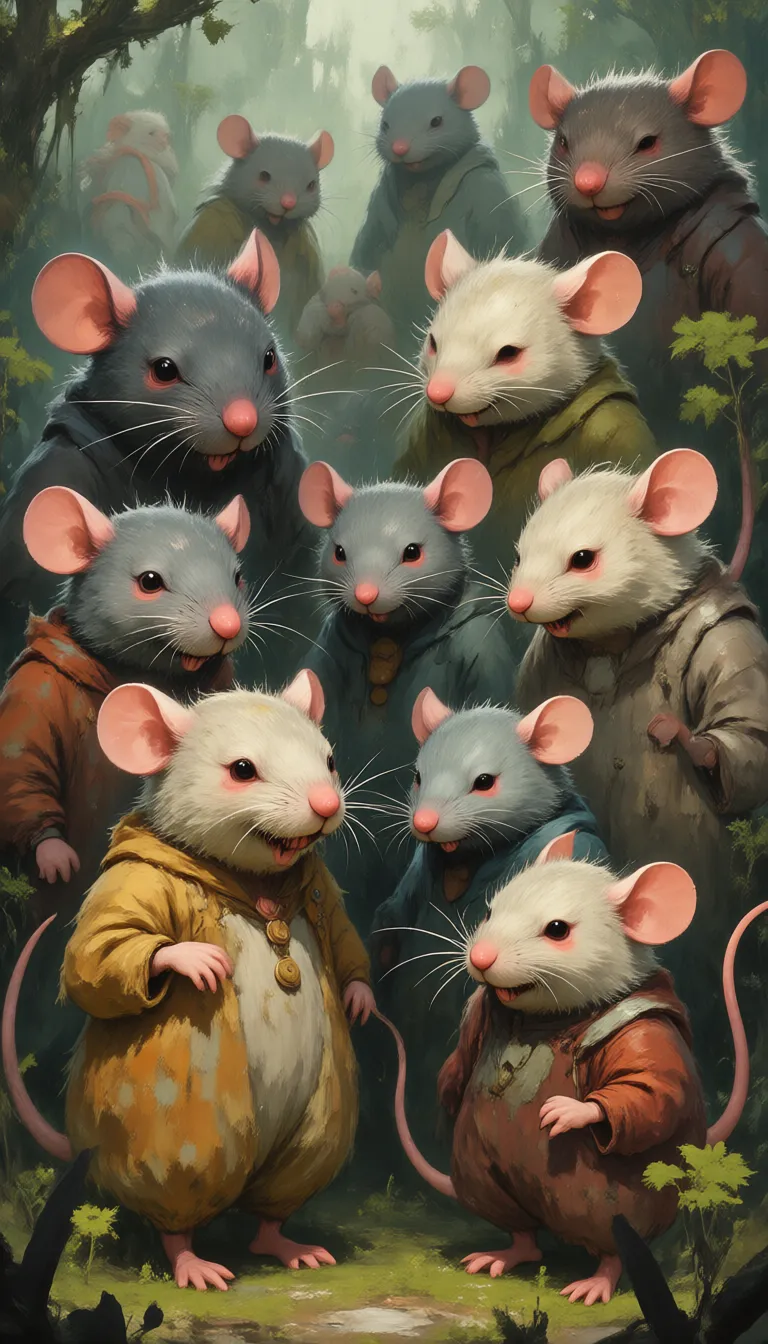 RawColorDaal,
a painting of a group of people dressed as mice