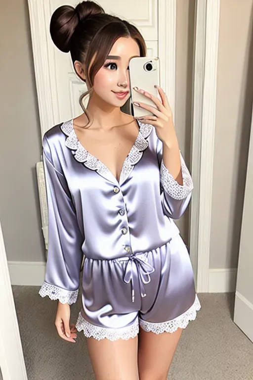 Best quality, Pokimane with hair in small bun, Pokimane, standing in doorway, satin pajamas, camisole and shorts, sexy pajamas, real Pokimane, lace, pajamas,