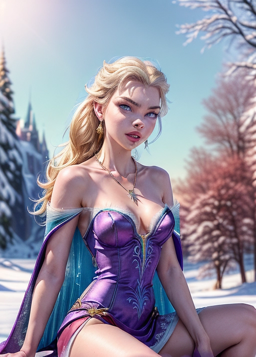 (outstanding portrait of anya taylor joy as elsa of arendelle from the disney movie frozen with white skin:1.2), (the princess is a stunningly sexy and beautiful woman with blue eyes watching the viewer:1.2), (Claudia Christian:1.2), athletic body with toned abs seen through a transparent skimpy purple silk dress, long purple silk cape, slender waist with smooth skin and deep cleavage, detailed erect nipples seen through dress, (dramatic pose with arched back and exposed armpit:1.2), (slim body with medium perky breasts:1.4), luxurious and revealing silk dress, extremely long platina blonde floating hair reaching to her hips, golden earrings and bracelets with precious gems, (golden necklace with a large red rubin:1.4), (naughty but sexy smile with open mouth showing some teeth:1.1), (purple eyeliner:1.1), (smokey eyeshadow:1.0),
(front view portrait with focus on face and pussy:1.6), background setting is outdoor in snow covered forest, (sitting on a marble bench with her legs spread wide exposing her pink pussy:1.2), (large bush of wild natural pubic hair:1.2), one hand placed between her legs,
(masterpiece:1.1), (photorealism:1.1), <lora:dpmg_add_detail:1.2>, (NSFW:1.2), <lora:dpmg_fingering:1>,
cinematic lightning, artificial lighning, great shadows, best quality, highest quality, highest resolution, 8k, Perfect composition, masterpiece, sharp focus, perfect anatomy, five detailed fingers on each hand, two arms, (no ribs visible), (no extra nipples:1.2)