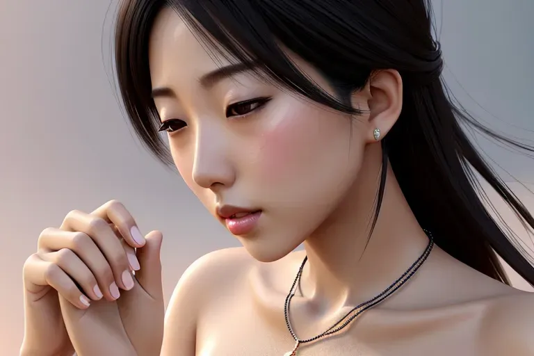 a digital painting of,ai uehara,naked,touching breasts,big hug huge breasts,five fingers per hand,short thick hair black ,gorgeous face,beautiful lips,curved eyebrows,textured skin,romantic,wearing necklace,bokeh,8k,sharp focus,smooth,artstation