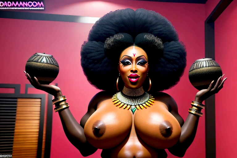 evil sexy black goddess with huge afro enormous tits and giant ass wearing tribal outfit twerking