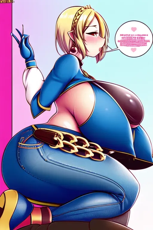 <lora:dpmg_princess_zelda:1>, dick, big dick, Futa, 1futa, futanari, dickgirl, cute, kawaii, colorful hair, big breasts, hourglass figure, topless, skinny jeans, skin tight jeans, side profile, full body, solo, bulge in pants, bulge, hiding erection