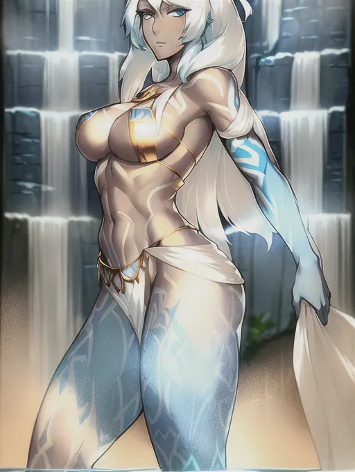 A beautiful tall woman, white hair, light blue eyes, tan skin,
light blue bikini, no bra, naked chest, blue tattoos on skin, gold jewelry, water fall background, 8k