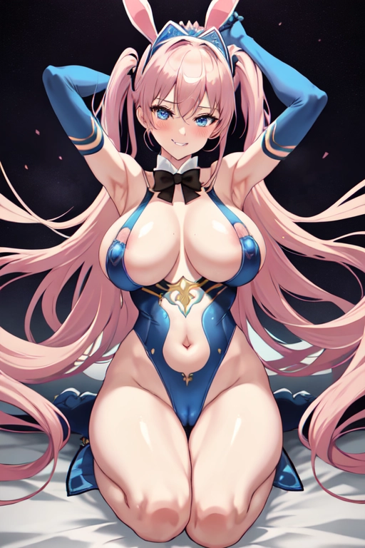 color picture, one female, small frame, small waist, elbow gloves, long gloves, blushing, soft makeup, large breasts, big boobs, ((full tits)), (blonde:0.8), (blond:0.8), two ponytails, high rise bunny suit, bunny ears hairband, deep cleavage, bare shoulders, bare chest, bare legs, bow tie, looking into camera, two ponytails, huge eyes, bright blue eyes, round eyes, big smile, mischievous grin, accurate details faces, accurate arms, accurate hands, accurate fingers, dpmg_pov_missionary_v1