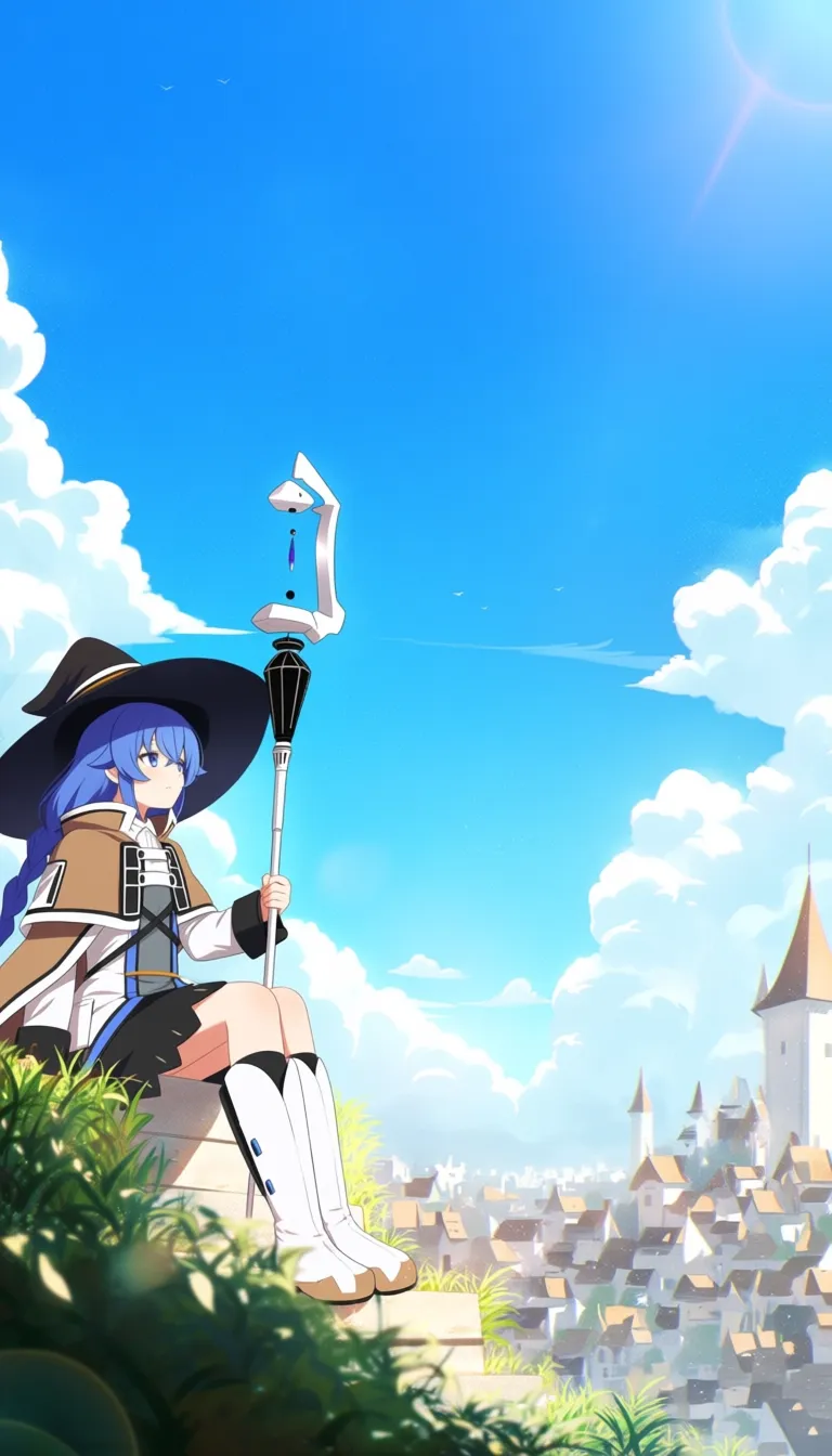 newest,
1gilr, (roxy migurdia:1.5), blue hair, long hair, blue eyes, white shoes, boots,
holding staff,
medieval, city, outdoor, sitting on stairs, blue sky, lens flare, grasses, houseplants, looking afar,
blurry foreground, blurry background,
film grain, from below, She is on the far left of the image.