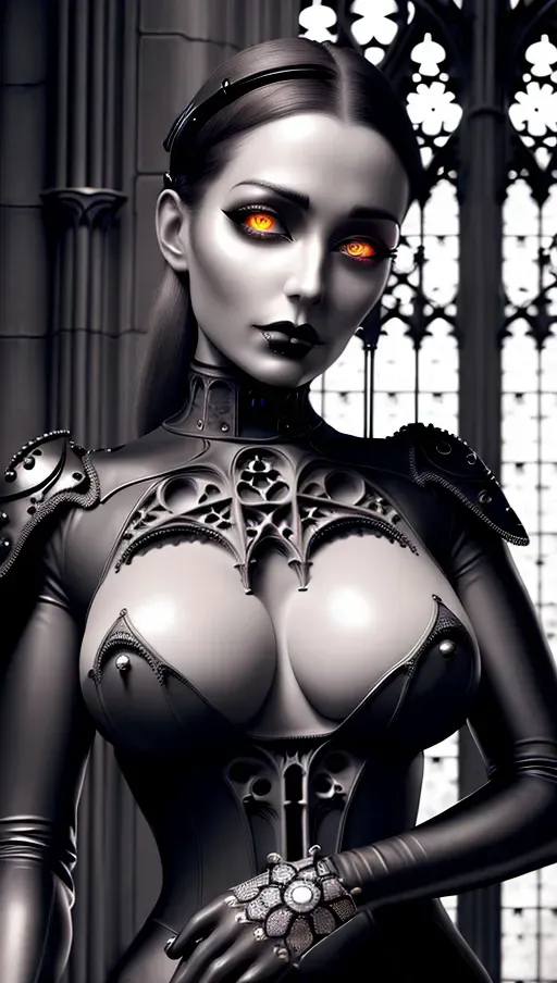 high quality, masterpiece, detailed, detailed face and eyes, realistic, 1girl, (bionic eye:0.8), (gothic architecture:1.3), military uniform with breasts exposed, cable, wires, biocyborg, digital painting, glowing eyes, plug