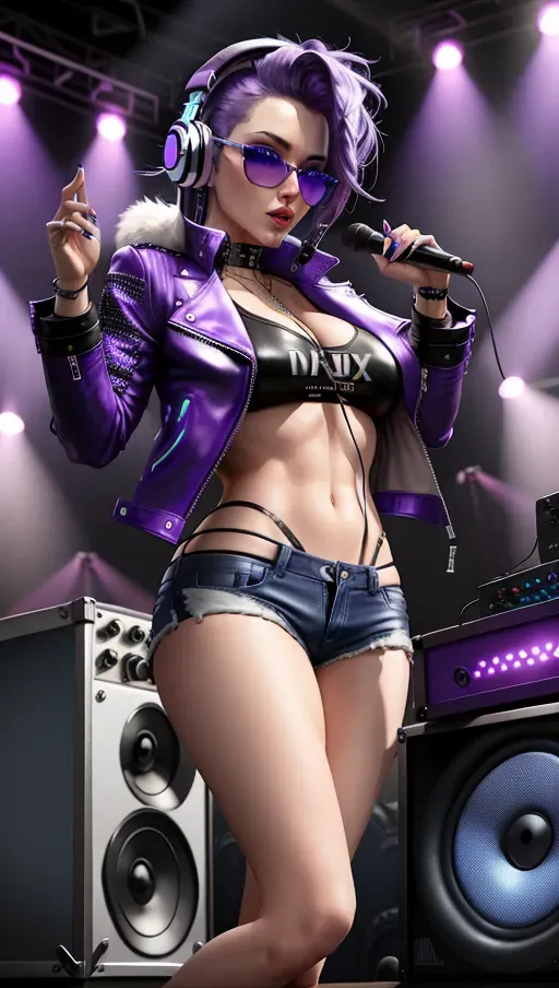 Sexy dj with blue eyes and purple hair at a concert, mix amp, mixer, using turntable, headphones, slim, small breast, leather jacket, short shorts, fishnet clothing,