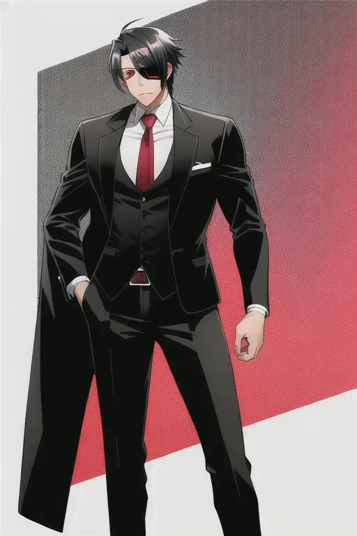 man, red eyes, black hair, mature man,handsome,smooth skin,sharp eyes, serious face,eyepatch in left eye,tall, athletic body