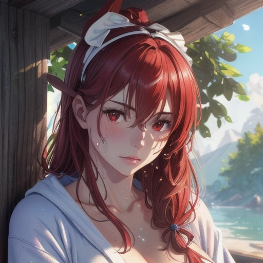 (Best quality, high quality realistic beautiful day scene in a fantasy park with wooden fence), an naked muscular adult woman, (a breathtaking masterpiece of close up portrait of a (eris greyrat) looking into a distance), (long red hair with black hairband, nude with a open white fuzzy bathrobe:1.2),
(Toned and Muscular), (extremely detailed red eyes looking away:1.22), (extremely detailed view of realistic face looking away with serious expression:1.32), beautiful detailed full lips frowning, (zoomed in view of serious face and naked nipples:1.18),
beautiful blue Sky and garden, (eris greyrat mushoku tensei nude in open white fuzzy bathrobe:1.38), hyperrealistic sweaty skin with pores, (glistening with sweat:1.3),
Close up portrait with cinematic composition of an naked adult woman, soft focus, sharp and clear image, (flat shading stylised colorful art:1.07), <lora:dpmg_add_detail:0.25>, (physically-based ray tracing, photon mapping, photorealistic:1.35), (high resolution masterpiece, 4K, HDR, UHD:1.35)