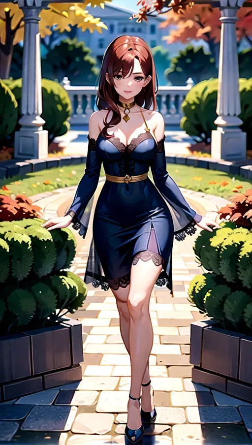 4k high detail, masterpiece, detailed background, outdoors, wishing well, autumn, midnight, no light, full body photo of, 1girl, beautiful, slim figure, long slender legs, medium breasts, short auburn hair, brown eyes, beautiful lips, loose short blue dress, gold lace, cleavage, standing, soft focus