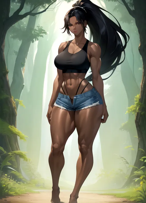 (masterpiece), absurdres, smooth, soft lines, soft edges, perfect edges, (soft lighting), (soft glow), perfect anatomy, detailed background, hair with great details, perfect eyes, perfect face, (looking at viewer), 1girl, sexy milf, forest room background, full body view,
((beautiful woman with long black hair)), flowing hair, lip gloss, full body view, lipstick, long eyelashes, standing hand on hip, serious, tall, slim, sports bra, ponytail, jean shorts,
(Black hair), brown eyes, (((very dark skin))), ((flushed cheeks)), thick thighs, erotic, ((medium breasts)), sensual, short hair, large woman, ((muscular arms)),